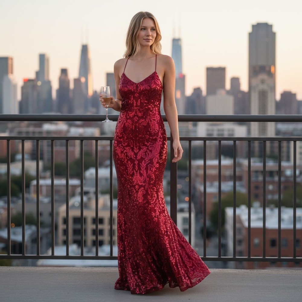 Windsor S Red Sequin Halter Gown Womens Excellent Lace Up Back CD55120 Maxi